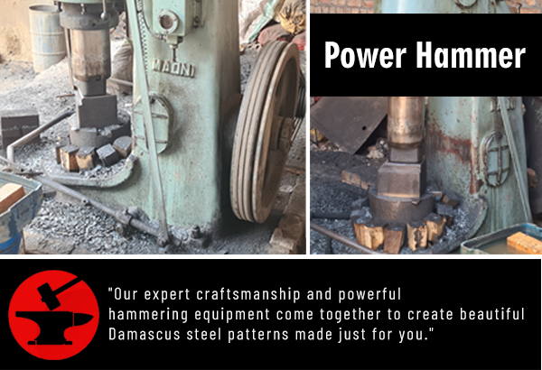 Our Decades of Mastery, Unleashed by the Thunderous Blows of this Mighty Hammer, Forging Exquisite Damascus Patterns for You